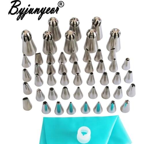 Byjunyeor 1 Pcs Silicone Bag 1pcs Coupler 50PCS Icing Piping Tips Set Clobular Russian Tulip Nozzles Decorating Cake Tools CS117