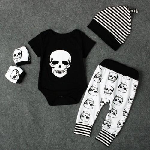 CANIS 2019 New 4pcs Set Newborn Kids Baby Boy Skull Outfits Clothes Tops+Long Pants Hat Fashion High Quality Hot Sale