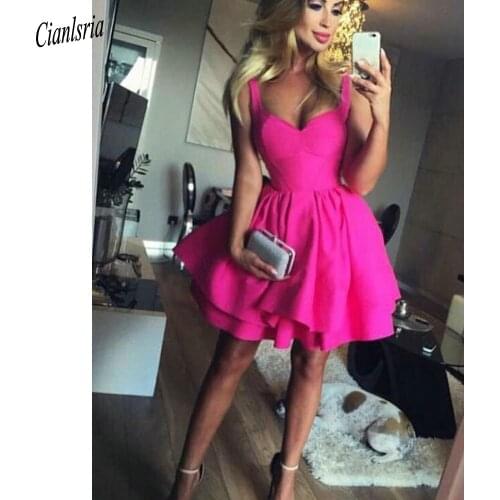 Fuchsia Spaghetti Strap Tiered Skirt Mini Cocktail Dresses Sweetheart Lace Up Back Short Prom Party Homecoming Dress