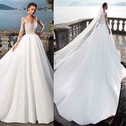 Scoop Long Sleeves Lace Appliques A-Line Wedding Dresses Satin Lace Bridal Gowns Custom Made Formal Long Garden Vestidos