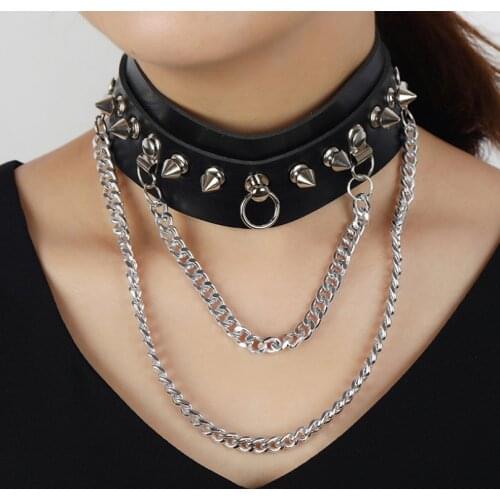 Fashion Punk Rock Spike Rivet Collar Necklace Statement Studded Choker Sexy Leather Chain Cosplay Body Club Party Gothic Jewelry