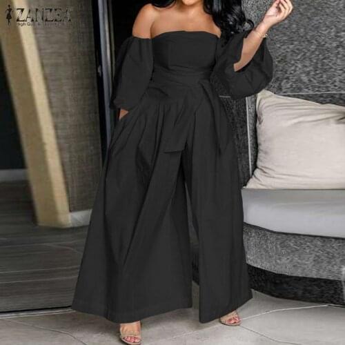 Fashion 2021 ZANZEA Off Shoulder Bodysuits Summer Overalls Belted Women Puff Sleeve Jumpsuits Wide Leg Rompers Female