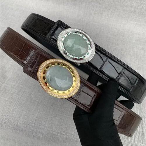 Authentic Exotic Crocodile Belly Skin Fancy Jadeite Buckle Mens Waist Belts Genuine Real Alligator Leather Male Luxury Strap