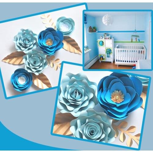 Handmade Blue Rose DIY Paper Flowers Gold Leaves Set For Nursery Wall Deco Boys Room Baby Shower Backdrop Video Tutorials