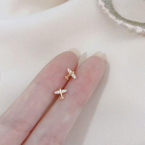 Small Cute Airplane Shape Earings Gold Color Plated Ear Studs Cubic Zirconia Earrings Fine Jewelry for Women