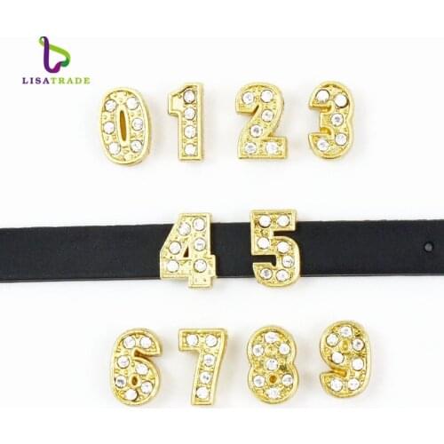 New! 8MM Gold Slide Numbers "0-9" 10 pieces/lot (Can Choose each Numbers) Fit DIY Wristband Belts & Bracelet LSSL033-0-9*10