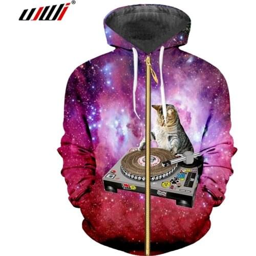 UJWI Zip Hoodies Man New Animal Hoody Pullover 3D Printed Lovely Starry Sky Djing Cat Plus Size 5XL Mens Sweatshirts
