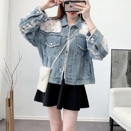 High Quality 2021 New Fashion Joker Lace Stitching Perspective loose Denim Jacket Long Sleeve Large Size Ladies Denim Coats