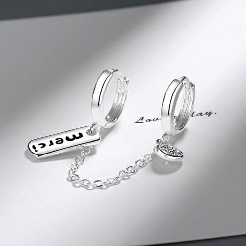 Womens Fashion Two Ear Hole Piercing Hoop Earrings Chain Tassel Silver Color Zircon Simple Bohemia Earring Jewelry Merci Gifts