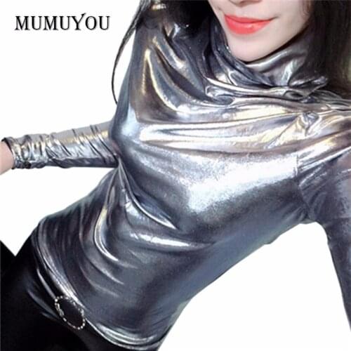 Women Turtleneck Shirt Shiny Glitter Slim Top Full Sleeve Sexy Dancewear Clubwear Blouse Solid 4 Colors Undershirt 907-230