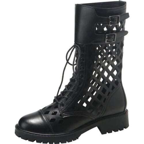 Women hollow out cool summer new Martin boots black strap short boots tube high help Roman shoes, thick with the woman