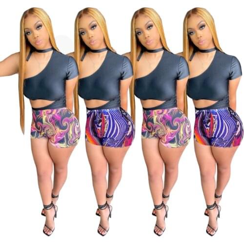 RStylish Summer 2021 One Shoulder Short Sleeve Hollow Out Crop Tops Bodycon Stretch Women Two Piece Shorts Set