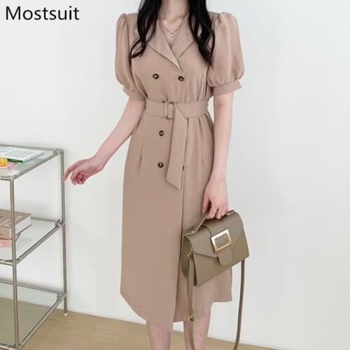 Summer Double-breasted Suit Dress Women Puff Sleeve Notched Collar Belted Long Dresses Korean Office Ladies Workwear Vestidos