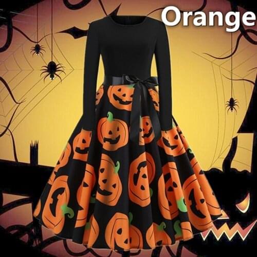 Ladies Pumpkin Printed Dress Halloween O Neck Sashes Long Sleeves A Line Vintage Autumn Dress Fashion Female Robe
