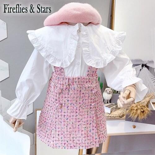 Spring Autumn girls 2 pcs set baby blouse + suspender skirt kids suit children brand clothes ruffle neck check gunny 2 to 7 yrs