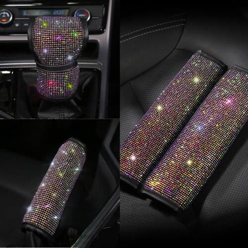 3pcs/Set Crystal Diamond Seat Belt Cover & Gear Shift Knob Cover & Handbrake Cover Rhinestone Leather Handcraft Car Accessories