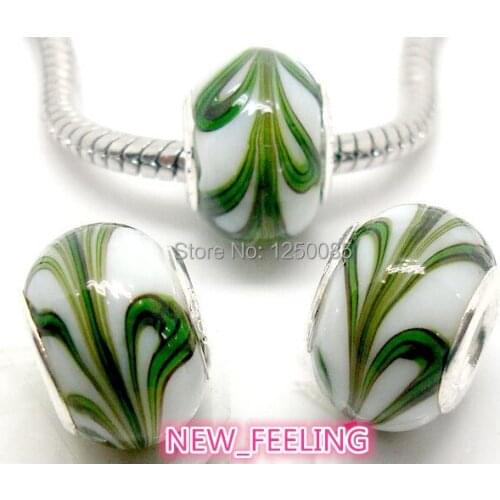 50pcs/lot White Color European Glass Beads Silver Plated Fit European Bracelet and Necklace 14mm Jewelry Lots LGB29