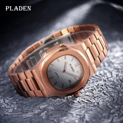 Watch Men 2020 Top Brand PLADEN Fashion White Dial Business Watches Man Luxury Rose Stainless Steel Strap Dress Wristwatch Gift