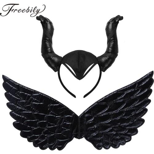 Kids Halloween Wings with Ox Horn Headdress Hair Hoop Headwear Children Demon Cosplay Theme Party Devil Costumes Accessories