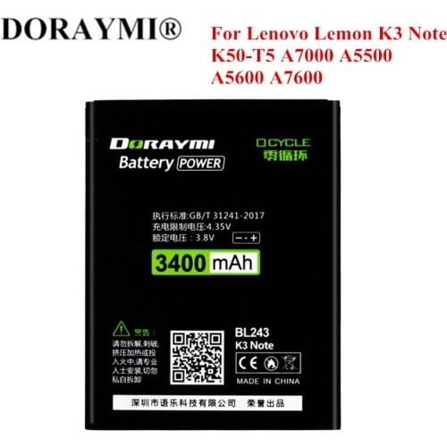 DORAYMI BL243 BL242 Phone Battery for Lenovo K3 Note A7000 A5500 K50-T5 K30-W A6000 BL209 A760 A820E A398T Replacement Bateria