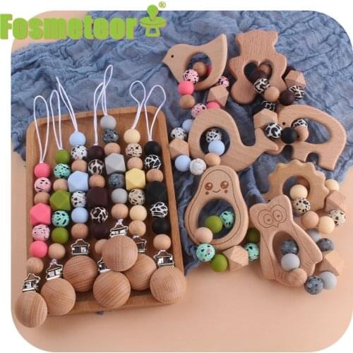 Fosmeteor 1set BPA-Free Leopard Silicone Beads Baby Pacifier Clip Chain Dummy Nipple Holder Cartoon Beech Wood Teether Bracelet