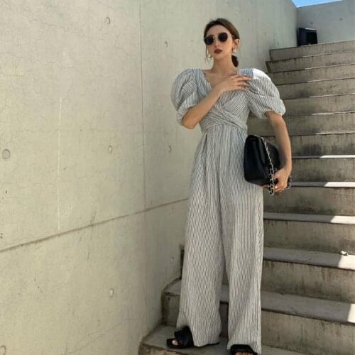 Summer Woman Stripe Jumpsuit Vintage Loose Short Sleeve Bandage Rompers Playsuits Casual Female Outfit Korea Clothing
