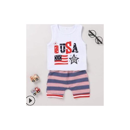 2Pcs Independence Day Toddlers Outfit Little Girls Boys Round Collar Sleeveless Letter Flag Top + Star Printing Striped Shorts