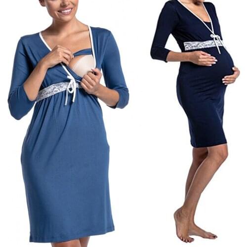 Maternity Lace Deep V-neck Breastfeeding Dress Pregnant Women Nursing Dress Pajamas Maternity Fashion Sleepwear Nightgown
