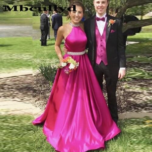 Mbcullyd Sparkle Crystal Beaded Fushia Prom Dresses 2020 New Sexy Halter With Pocket Prom Gowns Cheap Sale Dress For Graduation