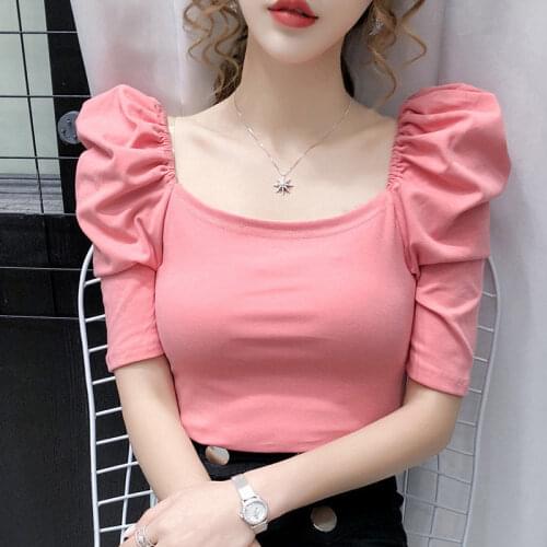 Fashion Cotton T Shirt Women Summer Puff Short Sleeve Plus Size Crop Tops Elegant Casual Tees Korean Ladies Tshirts Streetwear