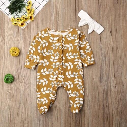Pudcoco Newborn Baby Girl Clothes Long Sleeve Wheat Spike Print Cotton Romper Jumpsuit Headband 2Pcs OutfitS Soft Clothes Autumn