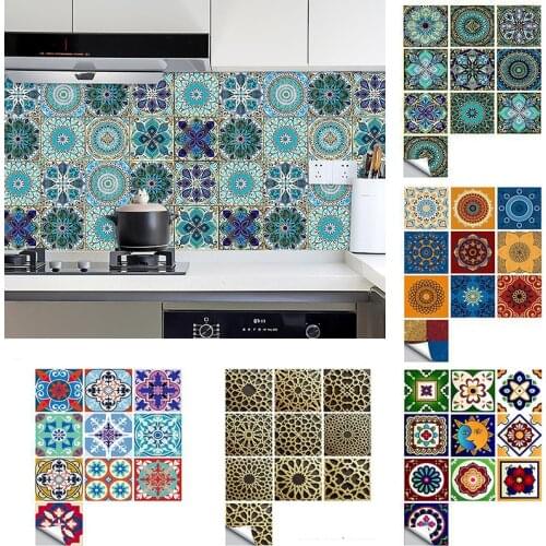 YOMDID 10pcs Mandala Pattern Matte Surface Tiles Sticker Waterproof Colorful Retro Tile Wall Sticker for Kitchen Bathroom Floor