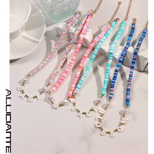 Bohemian Natural Shell Letters Pearl Beaded Necklace For Women Candy Handmade Clay Bead Choker Custom Initial Necklaces Jewelry