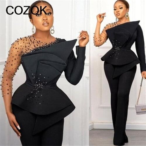 2021 Plus Size Arabic Black Stylish Prom Dresses Sheer Neck Beaded Jumpsuits Evening Formal Party Second Reception Gowns