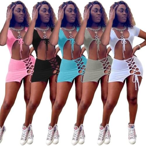 ZKYZWX Sexy 2 Piece Set Short Sleeve Crop Top Bandage Mini Skirt for Women Summer Vacation Outfits Night Club Matching Dress Set