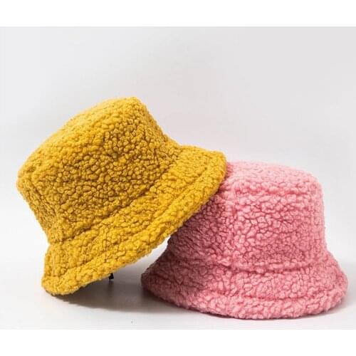 Solid Artificial Women Hat Fur Warm Female Cap Faux Fur Winter Bucket Hat for Women Outdoor Sunscreen Sun Hat Panama Lady Bonnet