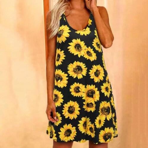 Sexy Women Stylish Sundress Sleeveless Backless Above Knee Hollow Floral Printed O Neck Halter Loose Sunflower Mini Dress