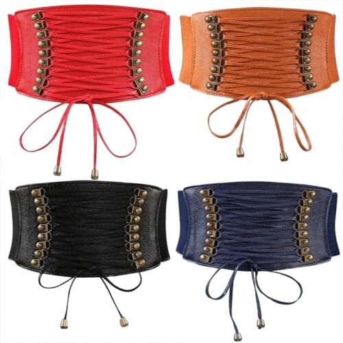 Women Elastic Wide Band Tied Waspie Girl Corset Waist Punk Cincher Belt PU Leather Ladies