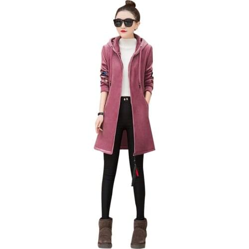 Womens Coat 2019 Long Section Early Spring Autumn Jacket New Gold Velvet Female Loose Hooded Cardigan Solid Color Top Q53
