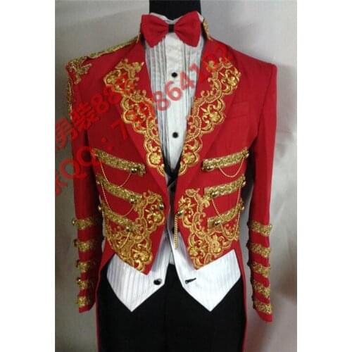 Shining Gold Trims Tuxedo For Men Chains Jacket Embroidery Stage Performance Circus Wear Costume Outerwear Male Singer Outfit