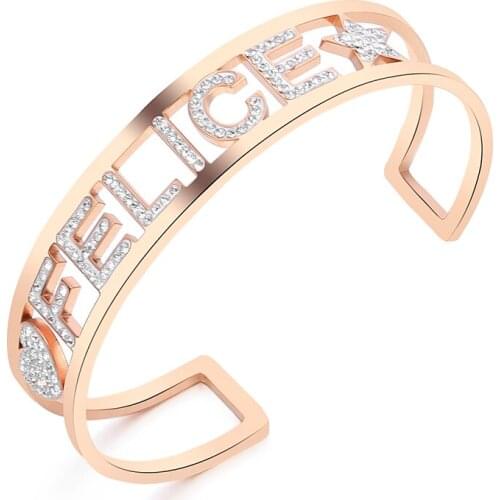 Stainless Steel Hollow Letter FELICE Bangle Bracelet For Women Colorful Crystal Cuff Bangles Gift For Mom Gioielli da donna 2019