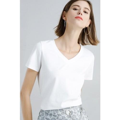 Women Mercerized Cotton T-shirt V-NECK Solid color Lady Tees Short Sleeve Summer Womens clothings All match