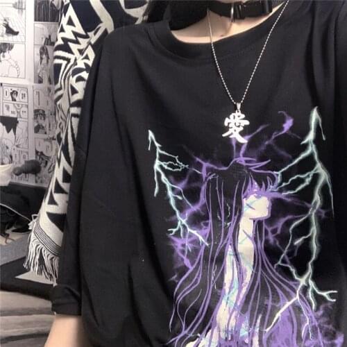 Japanese Women T-Shirt Streetwear Loose Summer Harajuku Punk Short Sleeve Top Hip Hop Anime Cartoon Cotton Black Korean Clothes
