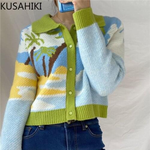 KUSAHIKI Cropped Cardigan Sweaters 2021 Autumn New Korean Printed Knitwear Long Sleeve Turn-down Collar Knitted Coat 6L239