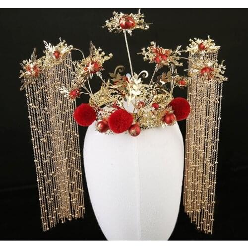 Chinese Costume headdress Luxury gold red big round crown Chinese bride wedding headdress Xiuhe clothing hair accessories
