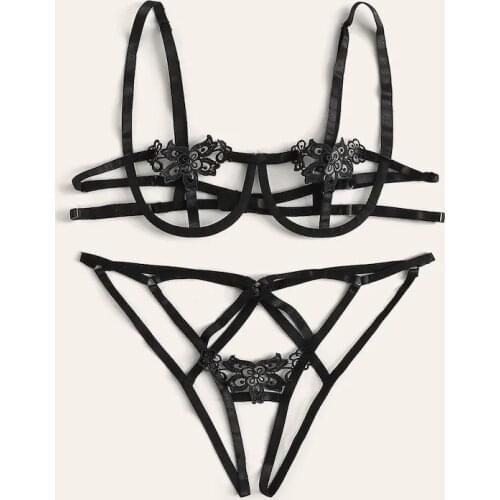 Comeondear Lace Bra Set Straps Women Hollow Out Sexy Costumes Erotic Black Lingerie Set Transparent Bra + Panty Open Crotch