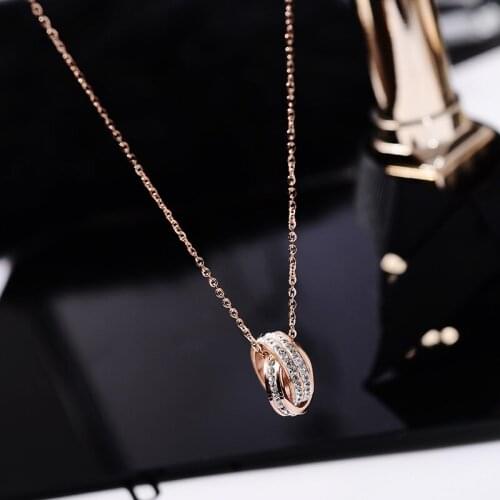 YUN RUO Fashion Double Circle Crystal Pendant Necklace Rose Gold Color Titanium Steel Jewelry Woman Birthday Gift Hypoallergenic