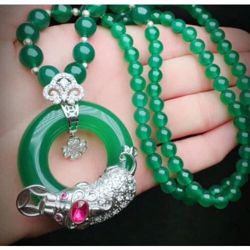 Natural green chalcedony 925 silver inlaid Ruby sweater chain necklace buckle toad