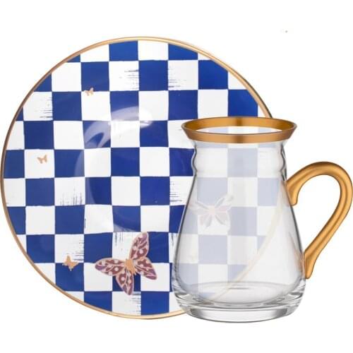 New Heat-resistant Checkered Glass Tea Cup Set 6 Persons Handmade Mug With Handle Mug Tea Glass Cups Drinkware Wholesale Drink