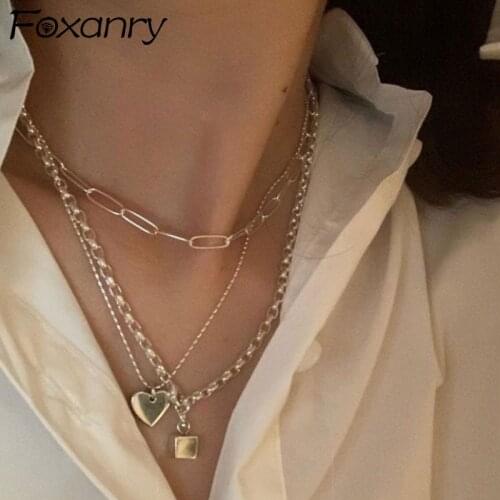 Foxanry 925 Sterling Silver LOVE Heart Necklace 2021 Trendy Punk Vintage Simple Couples Geometric Pendant Hip Hop Party Jewelry